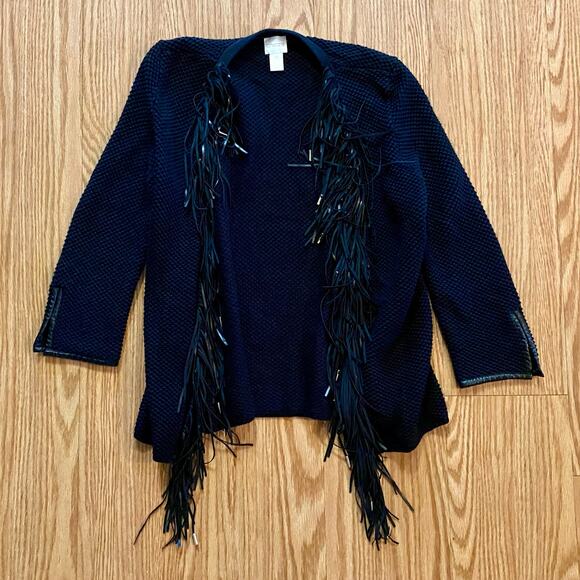 Chicos Black Knit Fringe Leather Cardigan Jacket Womens Small - Picture 2 of 16